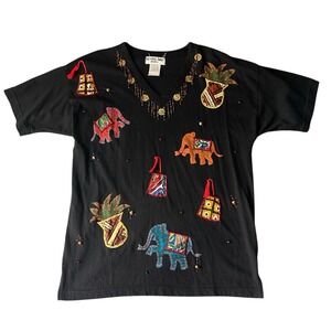 Victoria Jones Beaded And Embroidered PM Beaded Vintage T Shirt Black Boho Hippi